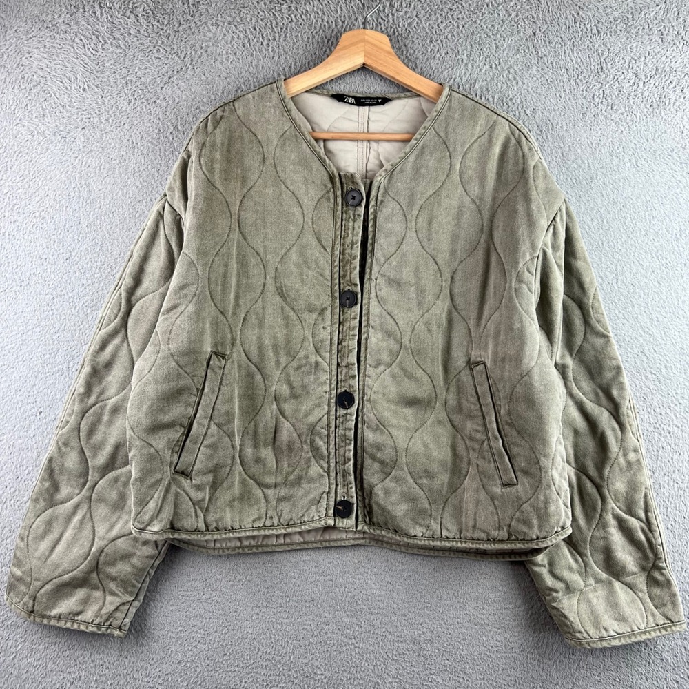 Zara Quilted Jacket Womens Large Olive Green Onion Stitch Button Front Boxy L